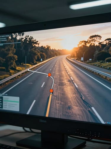 Cinematic transportation photography, close-up of a modern dispatch screen displaying a route map, high-contrast cool-toned office lighting, 35mm