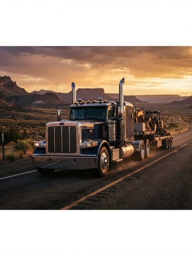 Cinematic transportation photography, a heavy-duty semi-truck driving on an open desert highway at golden hour, low-angle heroic perspective, warm high-contrast light, 35mm