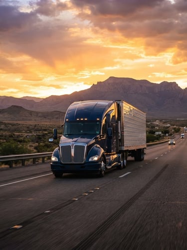 Wide environmental shot of a modern heavy-duty semi-truck driving on an open highway at sunset, dramatic golden hour lighting, cinematic transportation photography