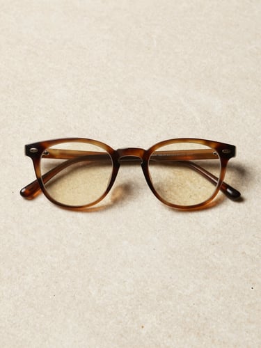 High-premium designer eyewear frame resting flat on a honed limestone surface, overhead flat-lay composition, controlled north-facing studio light, subtle umber shadow at frame edges, warm cream stone texture, no lifestyle context, clean product isolation