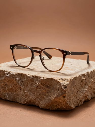 Classic eyewear frame positioned upright on a raw sandstone pedestal, side-angle view revealing lens curvature, sharp architectural shadow raking across the base, warm terracotta-sand background, studio lighting with single directional source, no lifestyle context