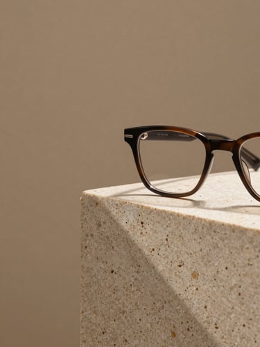 Close-up of a single designer eyewear frame resting on a raw travertine pedestal, sharp architectural shadow raking diagonally across the stone surface from the left, plain warm sandstone background, extreme negative space to the left, product isolated in the right two-thirds of the frame, no people, studio lighting
