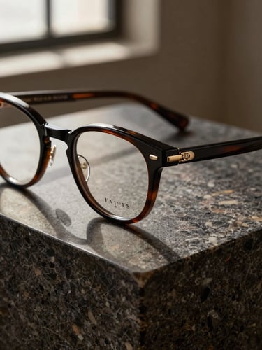 Single ultra-luxury eyewear frame on a polished dark travertine block, sharp diagonal shadow cast by architectural window light, extreme close-up isolating the frame bridge and hinge detail, deep onyx tones against warm stone, no background, total still-life isolation