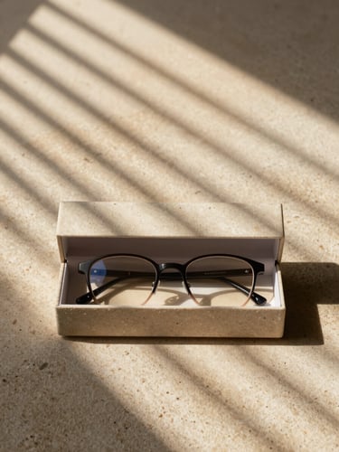 Overhead flat-lay of a closed luxury eyewear box on raw stone, sharp window-blind shadow stripes falling across the surface, packaging partially open revealing the frame inside, warm sandstone tone, extreme negative space above, no hands no people, controlled studio north light
