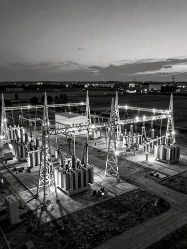 Wide panoramic aerial view of a high-voltage grid substation at dusk, transformer banks and cable runs receding into the frame from the left, open land extending to the right horizon, shot in black and white with sharp architectural lighting revealing steel lattice and technical precision, no people