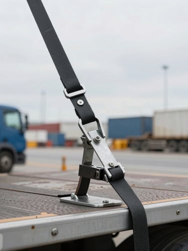 Close-up of technical cargo lashing with heavy-duty straps and steel tensioners on a flatbed truck, industrial port background, sharp focus, overcast daylight