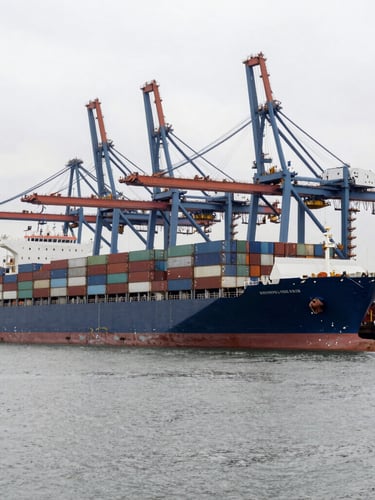 Wide-angle industrial port at overcast daylight, massive container ship docked alongside slate blue cranes, steel grey water, sharp focus, 35mm lens