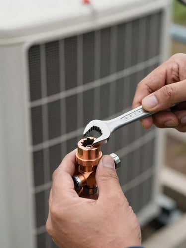 Tight macro shot of a technician's hands using a socket wrench to secure a copper valve on a condenser unit, bright natural daylight, sharp technical focus.