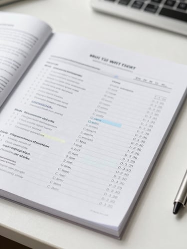 Close-up of a structured study guide with handwritten notes and score highlights on a clean desk, bright natural daylight, 35mm