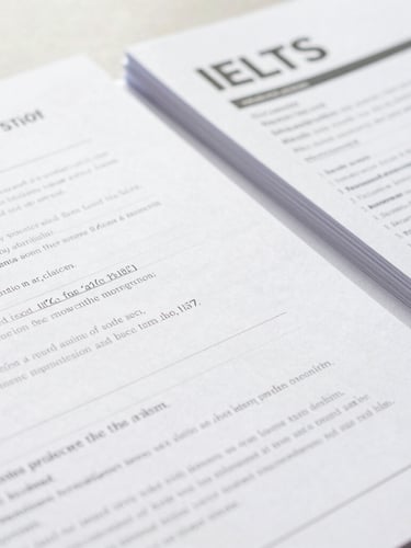 A close-up of structured IELTS study guides with handwritten notes, bright natural daylight, sharp focus, 35mm