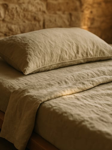 Tactile close-up of raw linen sheets on a low platform bed, rough-hewn stone wall, warm editorial photography, soft diffused golden-hour light, shallow depth of field.