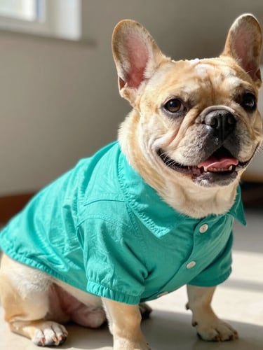 vibrant lifestyle pet photography, warm natural daylight, joyful colorful tones, eye-level medium close-up, 50mm lens, a happy French Bulldog wearing a custom-tailored vibrant teal cotton shirt, sitting in a sunlit room, detailed fabric texture
