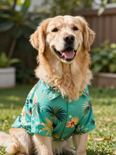 Eye-level medium shot of a happy Golden Retriever wearing a vibrant teal tropical print shirt, sitting in a sunlit garden, warm natural daylight.