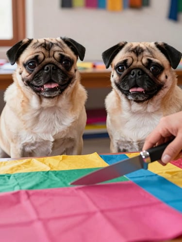 vibrant lifestyle pet photography, warm natural daylight, hands cutting colorful fabric in a sunny workshop in Celaya, a small happy pug sitting nearby watching, eye-level medium close-up, 50mm lens