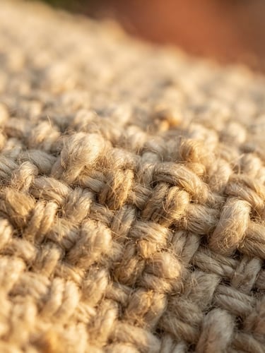 Extreme macro shot of dense, unbleached cotton fabric weave, highlighting the thick tactile threads and natural cream texture under warm golden-hour side light.