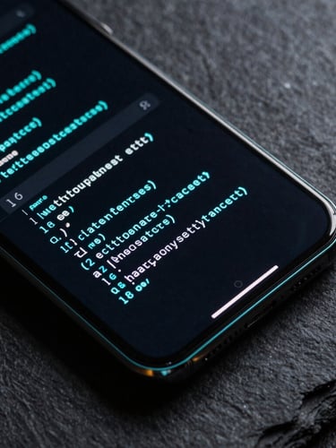 Extreme close-up of a modern Android smartphone screen displaying a dark-mode terminal interface with electric cyan code lines, low-key dramatic studio lighting with cyan rim reflections on the curved glass edge, dark textured slate background.