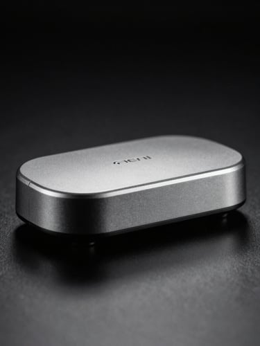 Sleek metallic pod system on a stark black reflective surface, high-contrast studio lighting, deep shadows, crisp monochrome product photography.