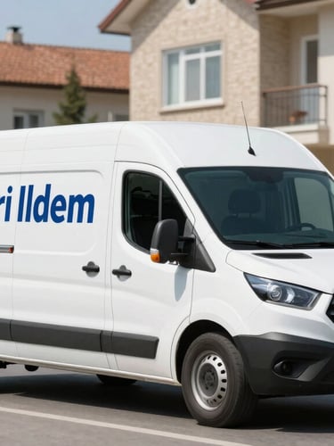 A clean white branded delivery van driving through the residential streets of Kayseri Ildem, bright daylight, professional commercial photography