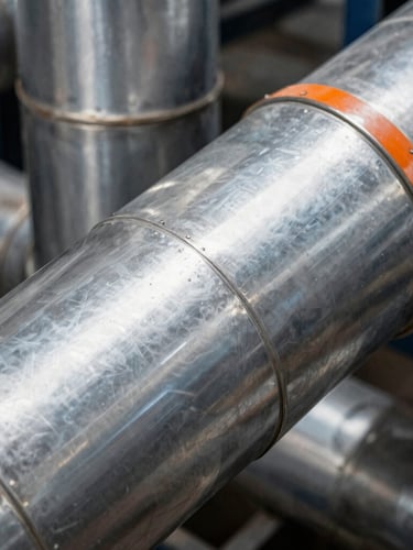 Close-up of pristine metal cladding on industrial piping, sharp geometric composition, cool metallic tones, high-contrast lighting.