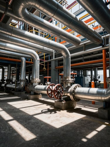 Wide-angle industrial interior of a petrochemical plant, insulated piping networks with metallic cladding, dramatic shadows, high contrast