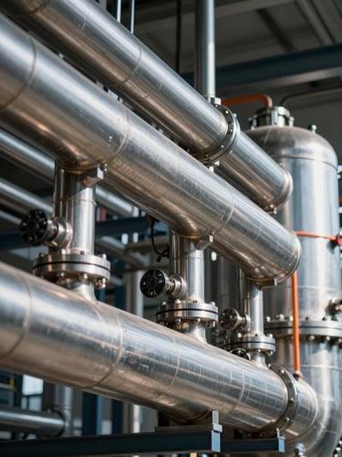 Close-up of pristine stainless steel metal cladding over insulated piping network in a modern chemical plant, high-contrast industrial lighting, sharp depth of field