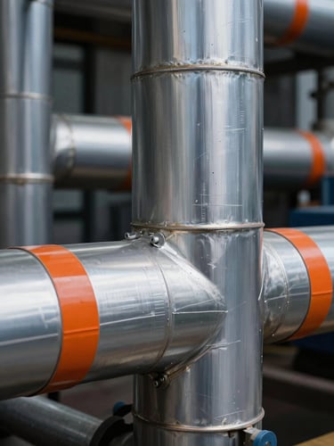 Sharp geometric close-up of pristine aluminum cladding on high-pressure steam pipes, dramatic industrial lighting, cool metallic tones with safety orange accents