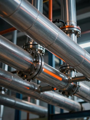 Sharp geometric close-up of insulated piping networks in an industrial plant, high-contrast dramatic lighting, cool ambient tones with warm safety orange accents, sharp depth of field