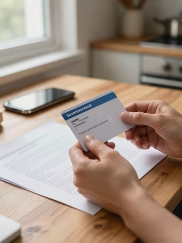 Close-up of hands holding a government benefit card and a folded paper document on a wooden kitchen table, natural window light falling from the left, a smartphone visible in the background, warm daylight tone