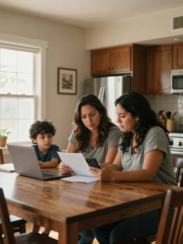 Medium-wide shot of a Latino family gathered at a kitchen table in a warm Southern California apartment, a mother reviewing documents on her phone while a child uses a laptop beside her, natural daylight coming through a window to the left, warm and even interior light, documentary-real home setting