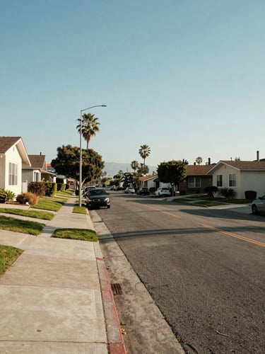 Wide medium shot of a quiet Southern California residential street, modest apartment buildings lining both sides, palm trees visible in the distance, warm midday natural light, shot from a low angle at sidewalk level, one parked car in frame, no people