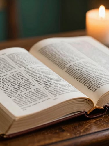 Macro close-up of a classic leather-bound Bible open on a wooden altar, soft warm candlelight illuminating the sacred text, shallow depth of field, 35mm