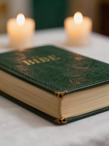 Macro close-up of a classic leather-bound Catholic Bible on an altar, soft candlelit warmth, shallow depth of field, 35mm