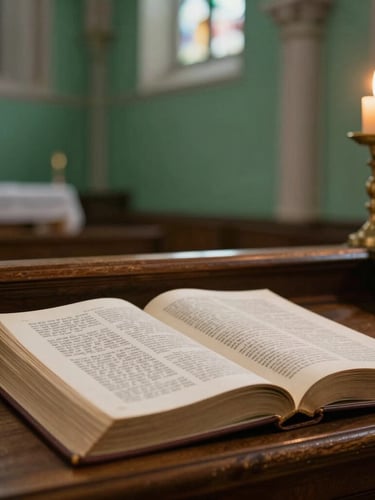 Soft natural church interior light illuminating a vintage open book on a wooden lectern, shallow depth of field, 35mm