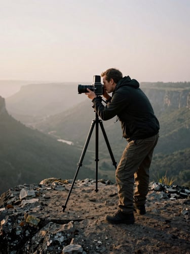 An outdoor photographer adjusting a medium-format camera on a tripod, positioned on a rocky outcrop overlooking a vast, fog-filled valley at dawn.
