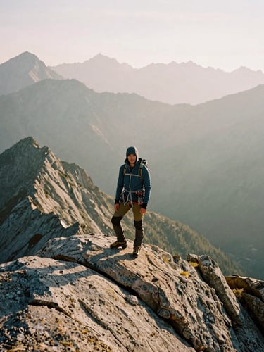 Wide-angle portrait of a mountaineer standing on a rugged granite ridge in misty morning light, technical apparel detailed, vast alpine mountain range in the background.