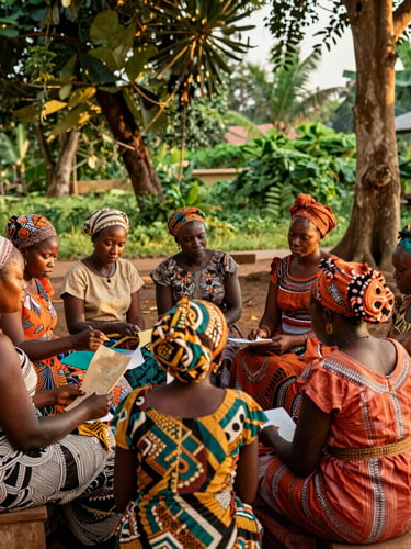 Warm documentary photography of Ivorian women leaders in a collaborative workshop in Bouaké, rich forest green and terracotta tones, natural golden-hour sunlight, 35mm