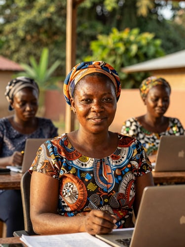 Portrait de trois-quarts d'une femme leader ivoirienne souriante dans un bureau lumineux à Bouaké, lumière naturelle du matin, style documentaire chaud.