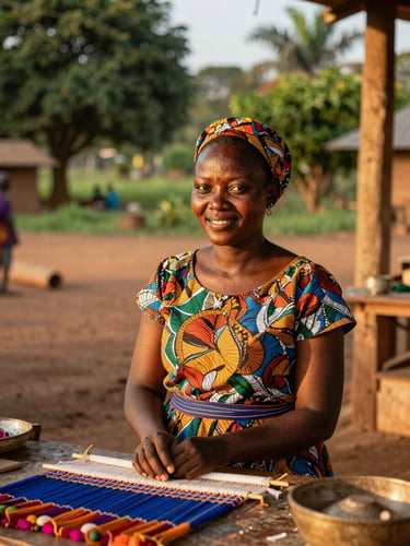 Portrait chaleureux d'une entrepreneure ivoirienne dans son atelier de tissage à Bouaké, souriante, baignée par la lumière dorée du soleil couchant.