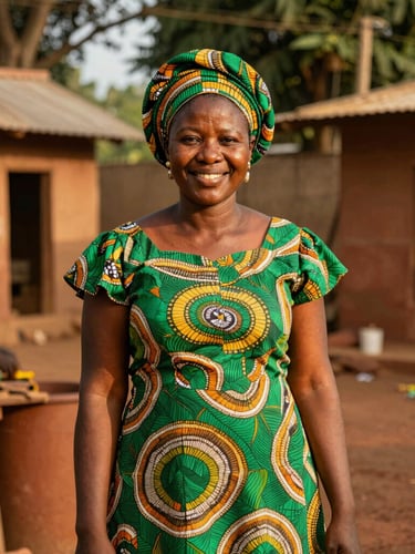 Mid-shot of a confident Ivorian female leader smiling, standing in a sunlit workshop in Bouaké, rich forest green and terracotta tones, warm editorial photography, 35mm