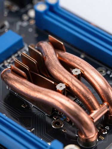 Extreme close-up macro shot of copper heat pipes and circuitry on a high-end motherboard, cool-toned studio strobe lighting, electric blue accents, sharp defined shadows