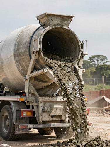 Close-up of a concrete mixer truck drum rotating mid-pour on a Águas Lindas job site, natural daylight, concrete flowing into pump hopper, dusty site ground visible, environmental context of active construction