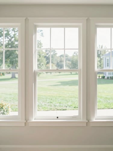 Sun-drenched residential living room, clean white window frames looking out onto a lush green Iowa lawn, soft morning daylight, high-key lighting, 35mm lens