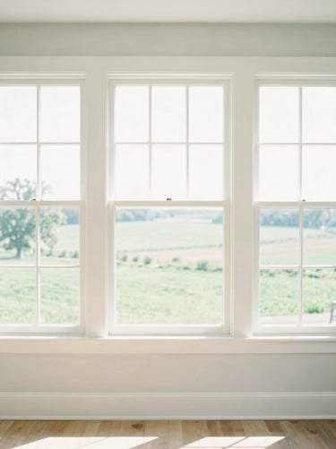 Bright sun-drenched residential living room with clean white window frames looking out onto a lush green Iowa landscape, soft morning daylight, airy pastel tones, high-key lighting