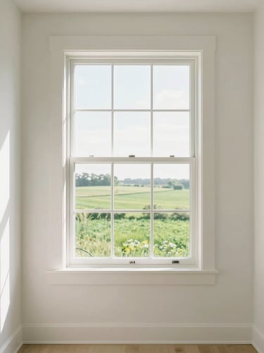 Bright sun-drenched modern living room interior, a clean white window frame looking out onto a lush green Iowa landscape, soft morning daylight, high-key lighting.