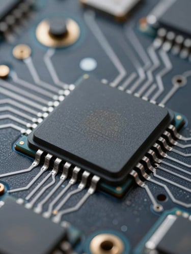 Extreme close-up macro shot of an automotive silicon microchip with high-precision circuit traces, cool technical studio lighting, deep slate and metallic silver tones, ultra-detailed, 85mm lens