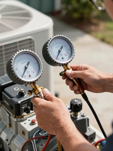 A technician's hands using a digital manifold gauge to check pressure lines on an outdoor HVAC compressor unit in bright Georgia daylight.
