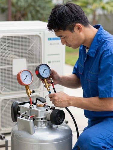 A professional technician in a blue uniform using digital manifold gauges to check refrigerant pressure on an outdoor AC compressor in bright Georgia daylight.