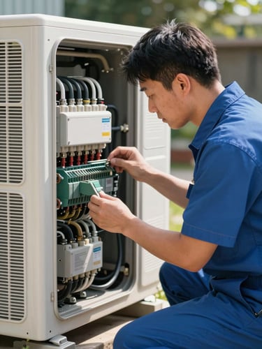 A professional technician in a clean uniform inspecting an outdoor air conditioning unit in bright Georgia daylight, focusing on the electrical panel.