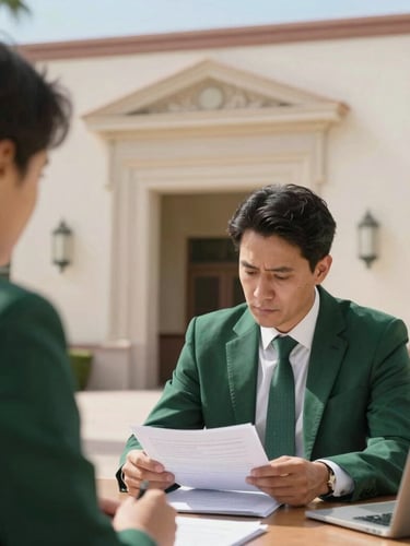 A professional in a structured meeting, reviewing compliance documents, with a classical school building architectural detail visible in the background, bright natural Arizona daylight, sharp focus, 35mm