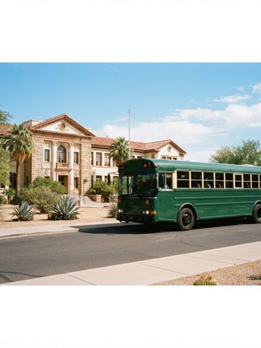 Wide shot of a modern, clean school transport bus, forest green, parked in front of a classical school building under bright Arizona daylight, sharp focus, 35mm, the bus occupies the right two-thirds of the frame.